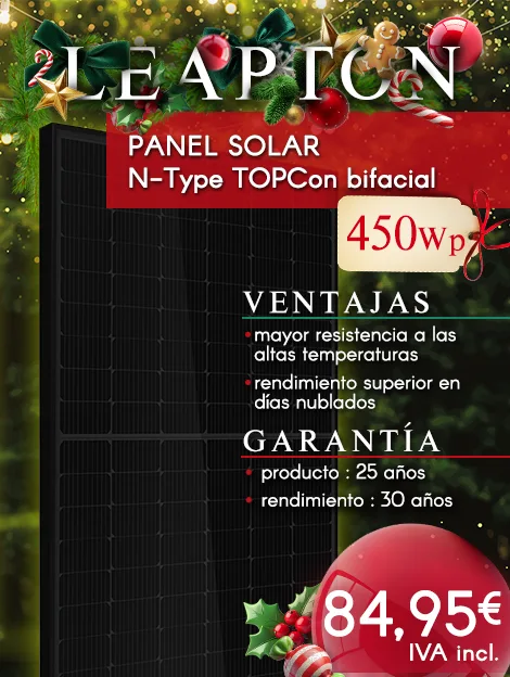 Panel solar bifacial N-Type TOPCon de 450 Wp. Tensión en circuito abierto: 39,68 V, potencia máxima: 32,87 V. Garantía del producto: 25 años, rendimiento: 30 años. Precio: 84,95 € IVA incluido.